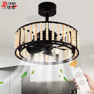 式美创西意1048圆形木珠吊扇灯厅简约波米亚风格卧室餐风扇灯