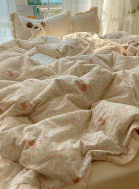 205新2款花边床上四panji件式套法单小碎花水洗棉床被套床上用品