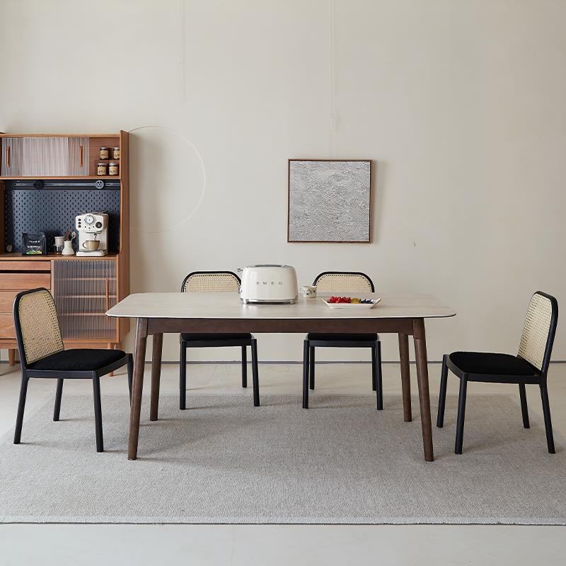 8V法组式胡风桃色实木餐CZ808C复桌小户型餐桌椅合古洞石岩板奶油