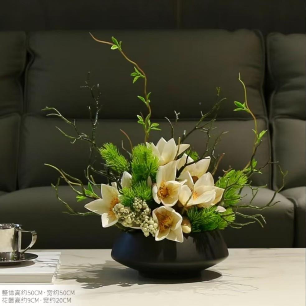 店圆桌转花盘高端仿餐真KUF酒花桌花摆花茶室客厅玄关摆件假摆设