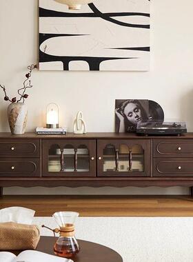 厅家用落地中电视柜法CDU式复古风木黑色靠墙一体实客式收纳储古