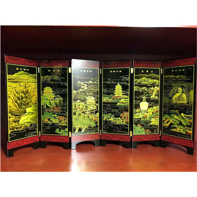 手工彩绘创意漆器木质小桌屏山西风光漆画梅兰竹菊折叠屏风摆件礼