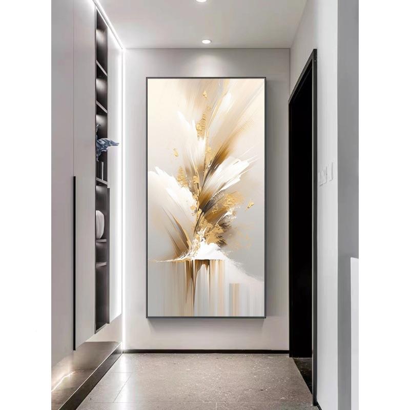 手绘廊油画高档抽象JYU轻入奢户玄关装饰画走头过道尽挂画竖版金