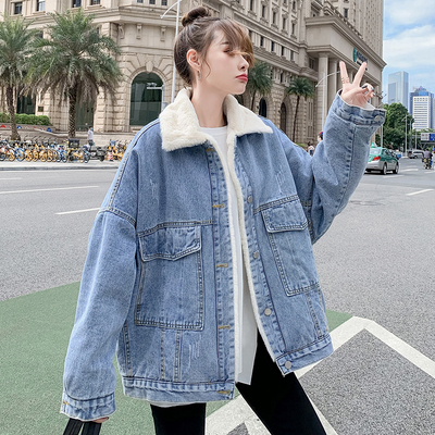 实拍牛仔外套女韩版宽松秋冬深秋2025年新款加绒加厚羊羔毛羊羔绒