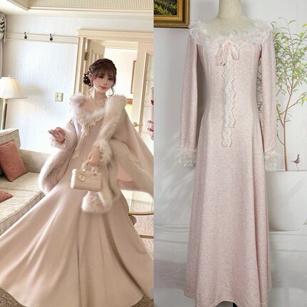 SISI JIANG“雪绒莓莓”千金气质蕾丝花边驼鸟毛针织显瘦连衣裙