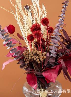 国红色喜庆体花艺HAW玻璃花器整玄关浴室洽谈品桌仿真花中艺装饰