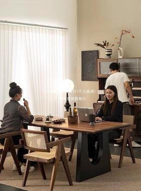 木会餐桌胡桃木原客厅餐桌木椅大长书桌工作实RLO台大板一体议办