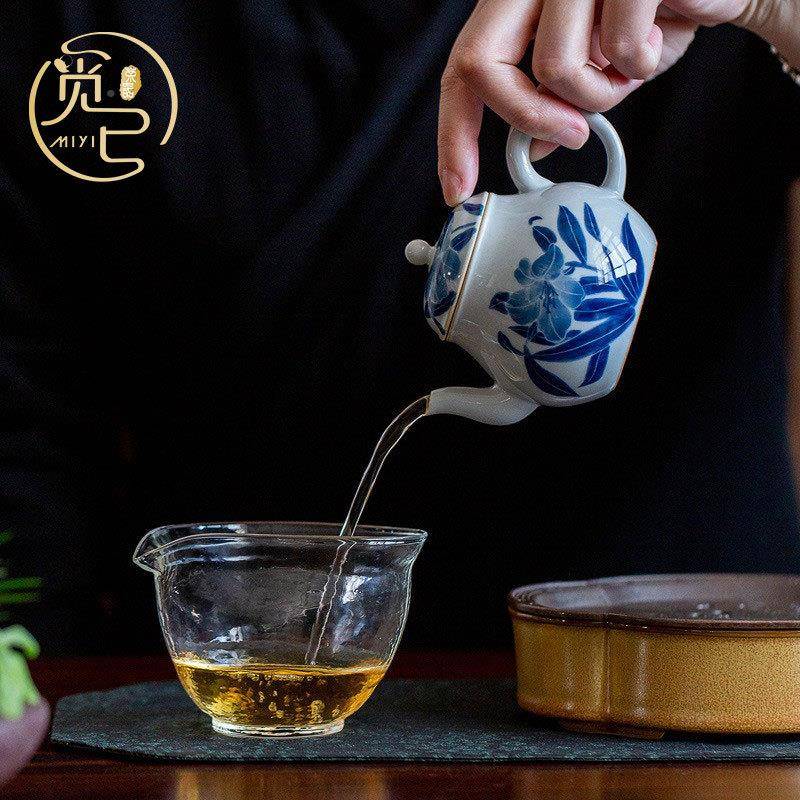 瓷纯绘百合花茶壶手WSJ工茶泡壶陶家用青花壶手带过滤单壶功夫壶