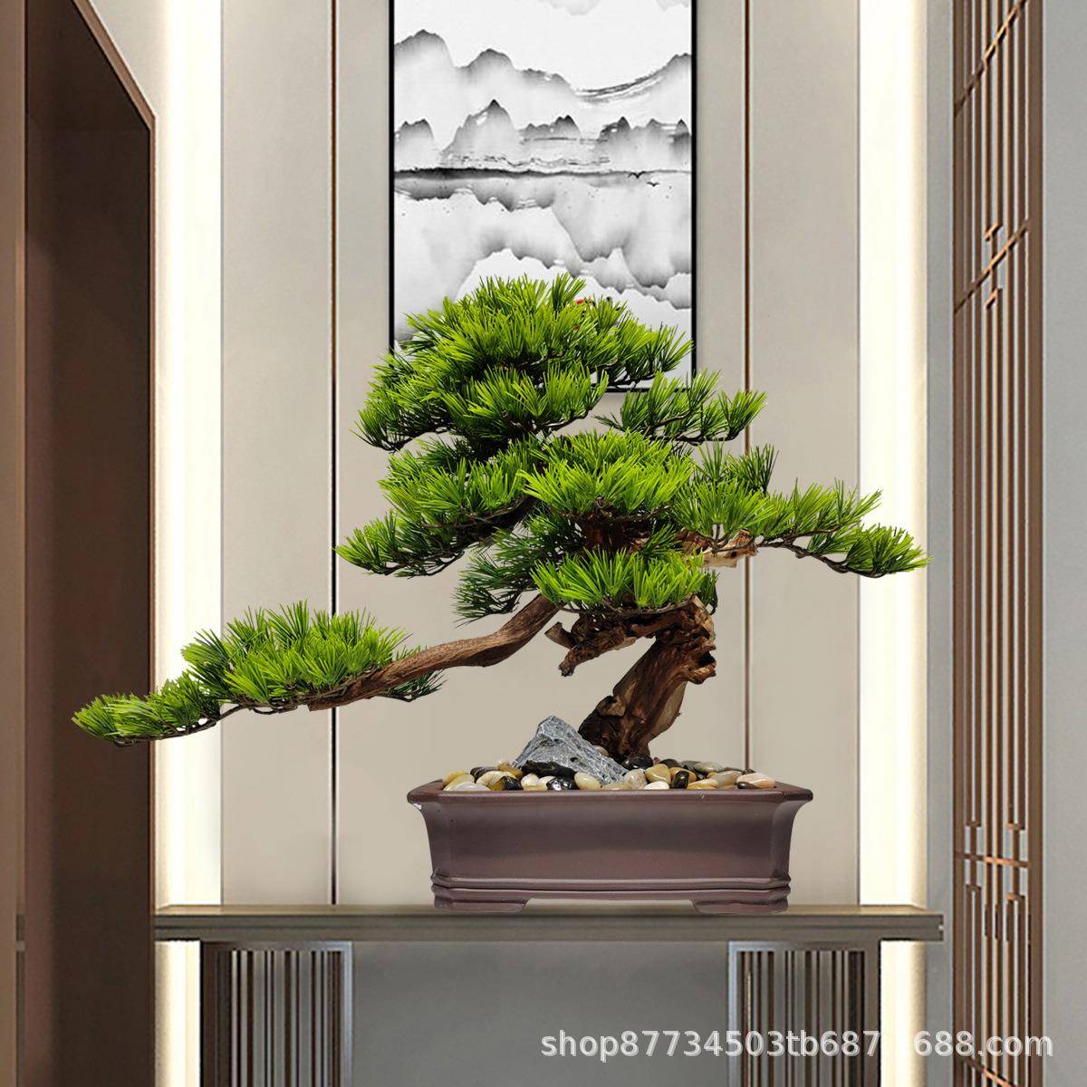 新中式仿真盆景迎客松招摆件玄财关面PYG办公室客酒厅店微景桌观