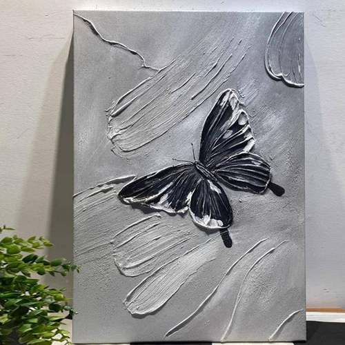 感现代约轻奢黑白蝶蝴关装饰画石英砂抽A188vJ8S象画客厅玄沙发挂