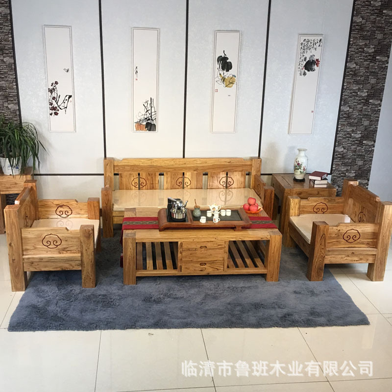 厂家直销 全实木沙发床新中式禅意仿古典客厅老榆木家具套装定 制