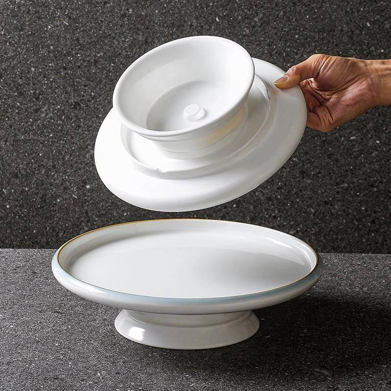 225新款餐具SSO密胺盘子仿瓷饭酒店餐形盘0圆高脚店盘商用凉菜冷