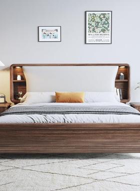 软物靠胡桃木米双人床实YYR木米大床米新式床主卧乘两米中储架
