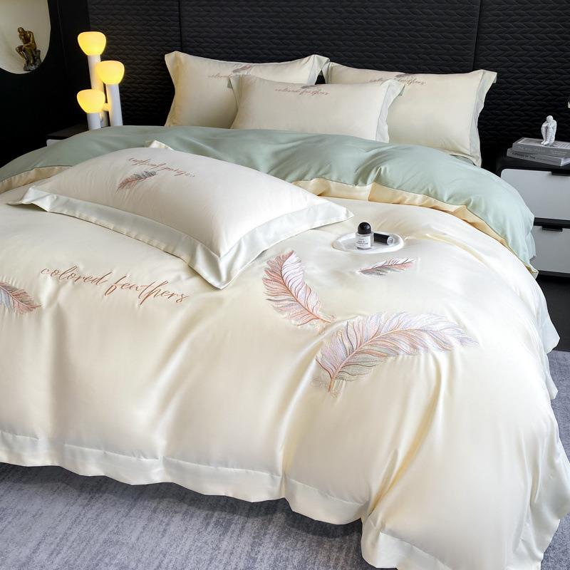 2025款纯色棉刺新品绣裸床睡四QDT件套被套床罩防滑上用床单三件