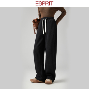 ESPRIT/埃斯普利特慵懒黑色抽绳休闲裤女宽松直筒阔腿裤垂感长裤