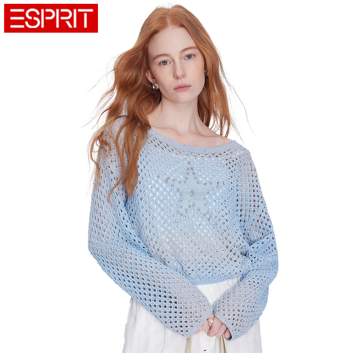 ESPRIT/埃斯普利特针织衫女夏薄款防晒罩衫蓝色透气上衣多巴胺风