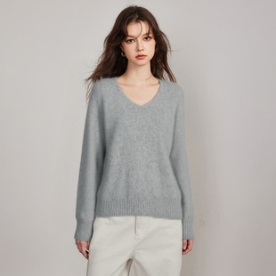 ESPRIT/埃斯普利特温柔慵懒风V领羊绒套衫女秋冬宽松灰色针织上衣