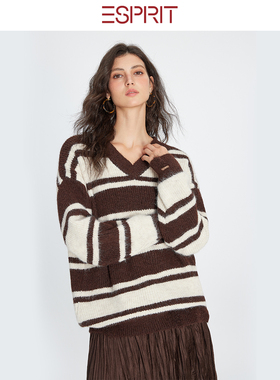 ESPRIT/埃斯普利特美式复古条纹V领针织衫女秋冬套头毛衣上衣