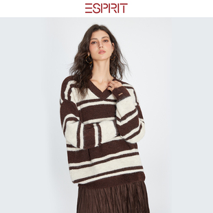 女秋冬套头毛衣上衣 复古条纹V领针织衫 ESPRIT 埃斯普利特美式