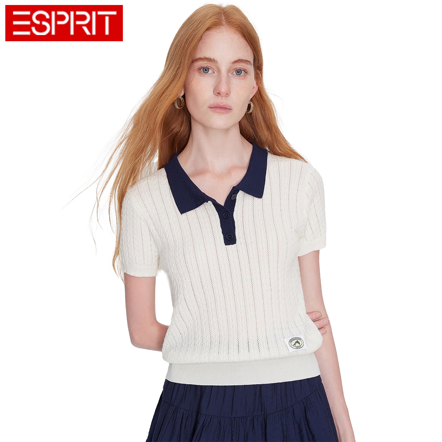 ESPRIT/埃斯普利特学院风撞色Polo领短袖T恤女夏通勤百搭针织上衣