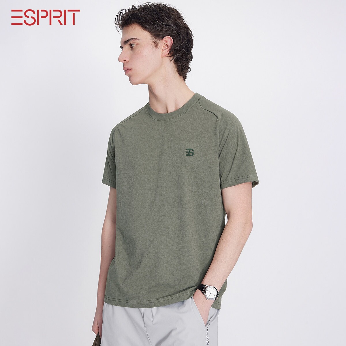 ESPRIT/埃斯普利特男士圆领短袖T恤夏季凉感速干休闲上衣军绿色