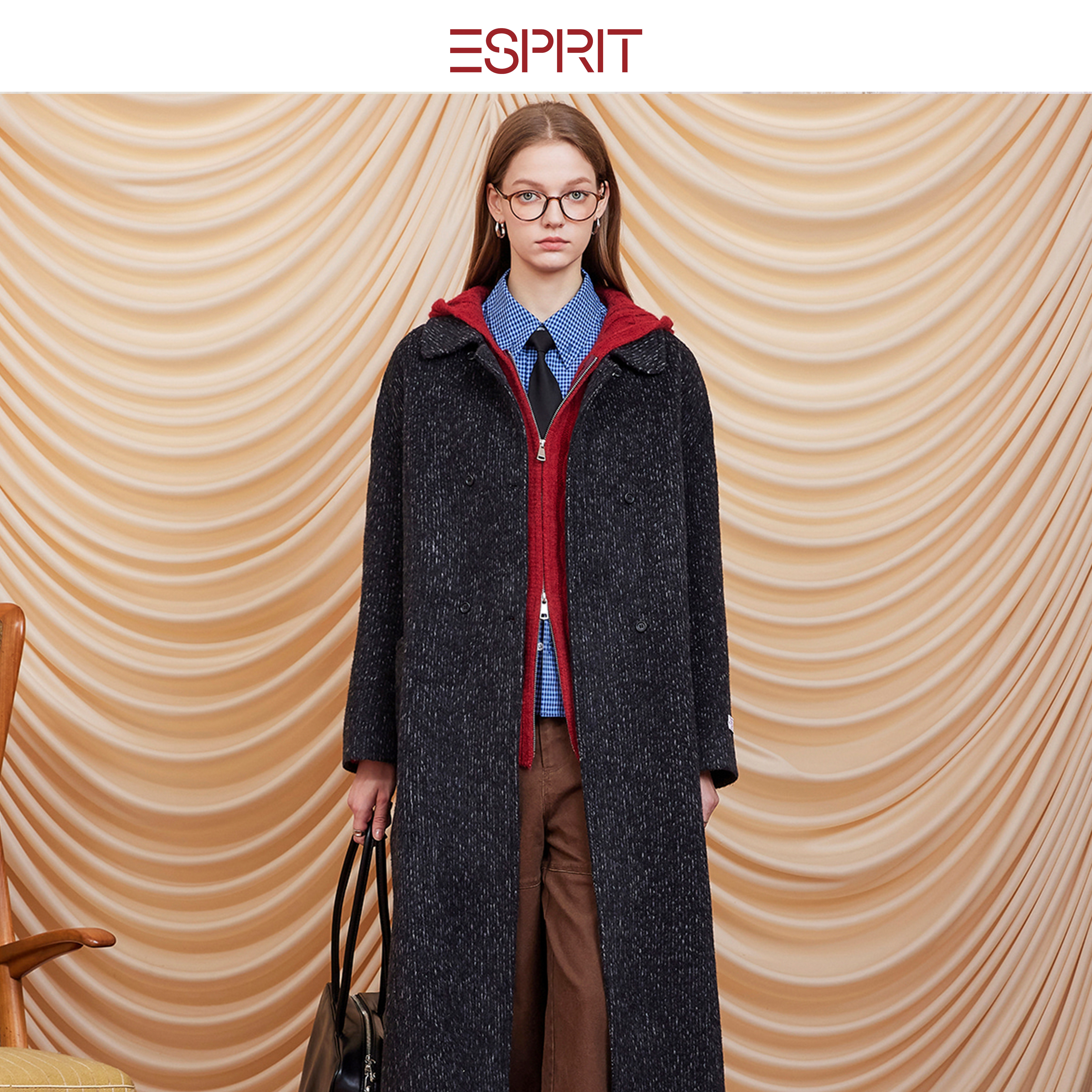 连帽双面呢极简长款学院风