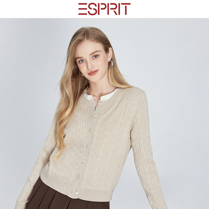 ESPRIT/埃斯普利特老钱风花纹针织开衫女羊毛圆领通勤毛衣外套