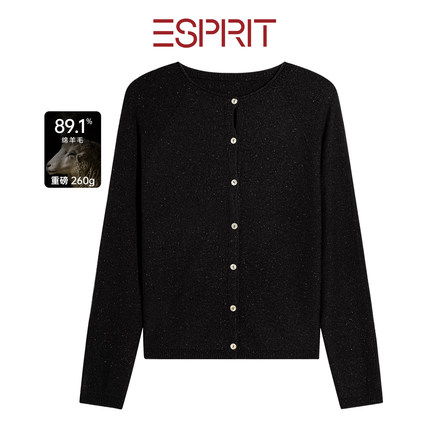 ESPRIT/埃斯普利特通勤黑色绵羊毛针织开衫女纽扣外套轻奢基础款