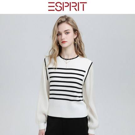 ESPRIT/埃斯普利特法式假两件条纹针织衫女圆领羊毛拼接显瘦上衣
