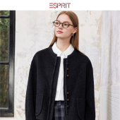 女圆领纽扣外套秋冬针织衫 ESPRIT 埃斯普利特老钱风黑色羊绒开衫