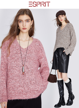 ESPRIT/埃斯普利特慵懒风V领毛衣女宽松软糯时尚洋气针织衫上衣