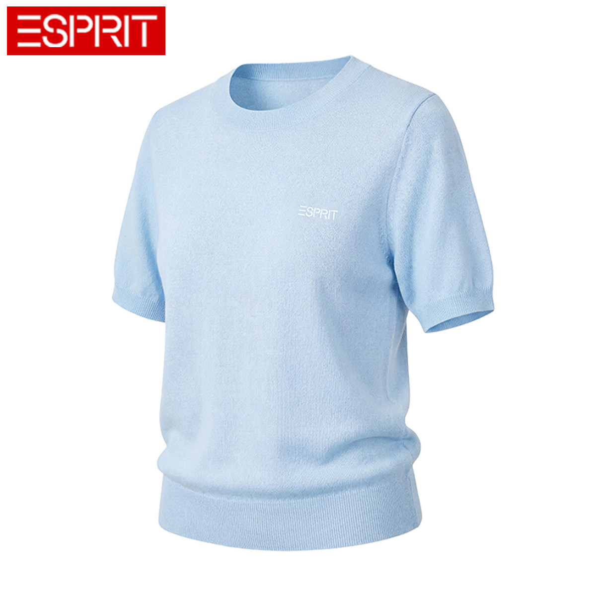 ESPRIT/埃斯普利特蓝色圆领短袖针织衫女百搭显瘦上衣