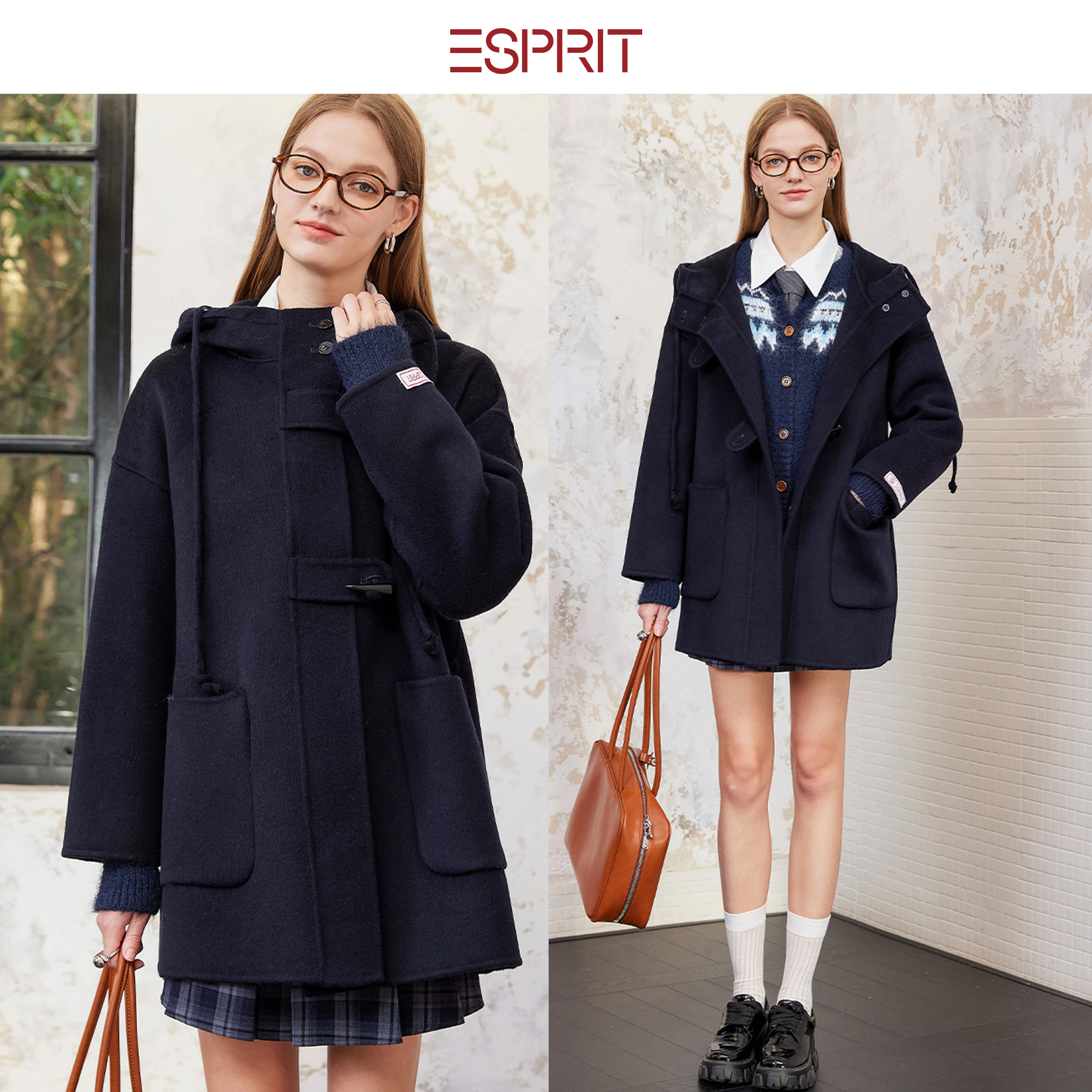 ESPRIT/埃斯普利特英伦风连帽毛呢大衣女中长款学院风秋冬外套