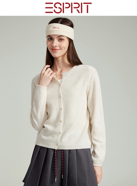ESPRIT/埃斯普利特老钱风绵羊毛针织开衫女圆领纽扣毛衣简约外套