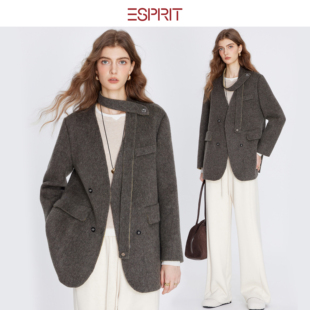 ESPRIT/埃斯普利特轻奢优雅风羊毛短款双排扣大衣女毛呢显瘦外套