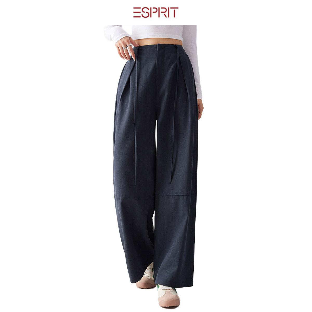 ESPRIT/埃斯普利特高腰绑带阔腿裤女宽松垂感弯刀裤藏青色休闲裤