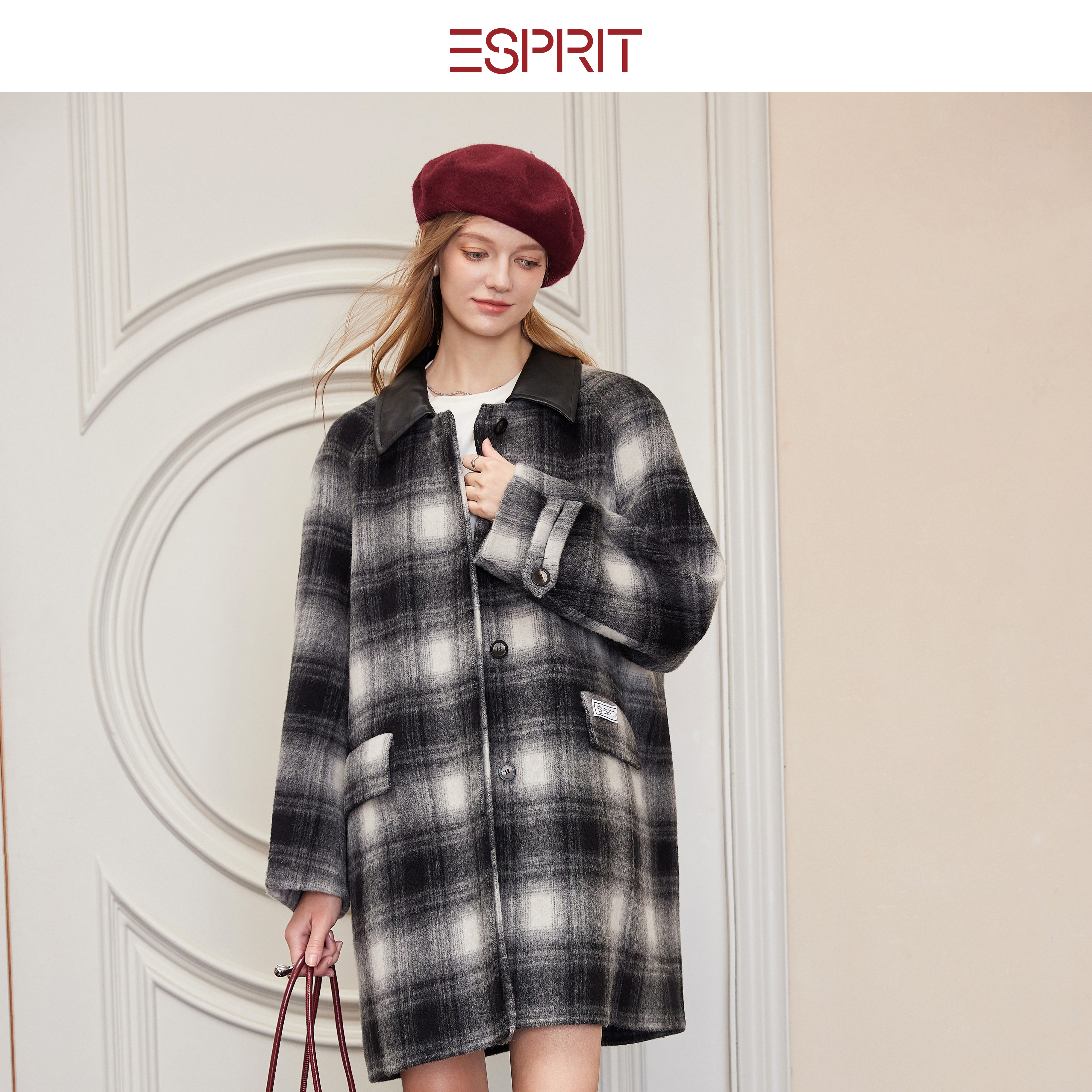 ESPRIT格纹毛呢外套中长款