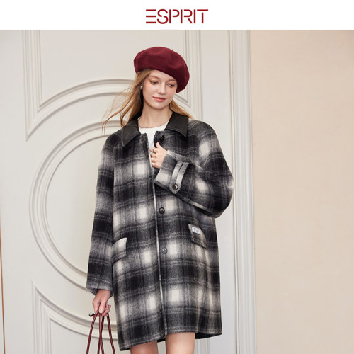 ESPRIT格纹毛呢外套中长款