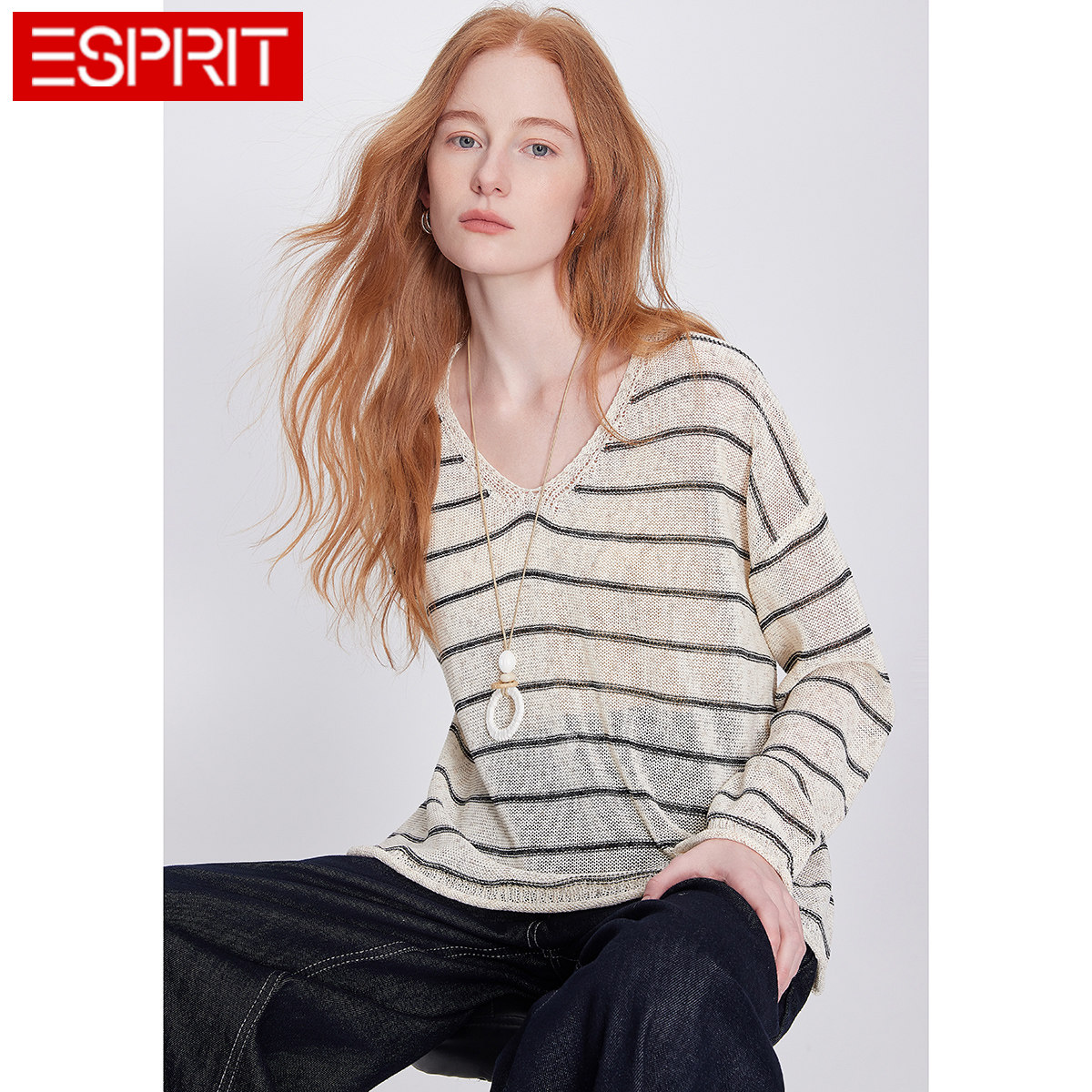 ESPRIT/埃斯普利特慵懒风V领镂空条纹针织衫女长袖宽松罩衫毛衣