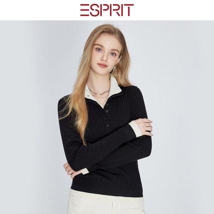 ESPRIT/埃斯普利特老钱风假两件撞色针织衫女秋冬百搭polo领毛衣