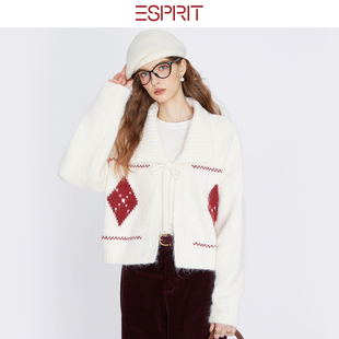 ESPRIT/埃斯普利特复古风菱格针织开衫女白色系带慵懒风毛衣外套