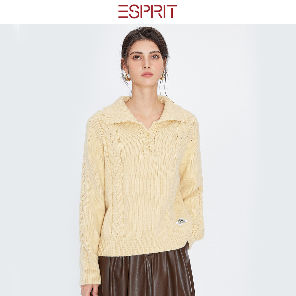 ESPRIT极简翻领绞花羊绒套衫