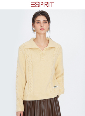 ESPRIT/埃斯普利特极简翻领绞花羊绒套衫慵懒学院风针织衫浅黄色