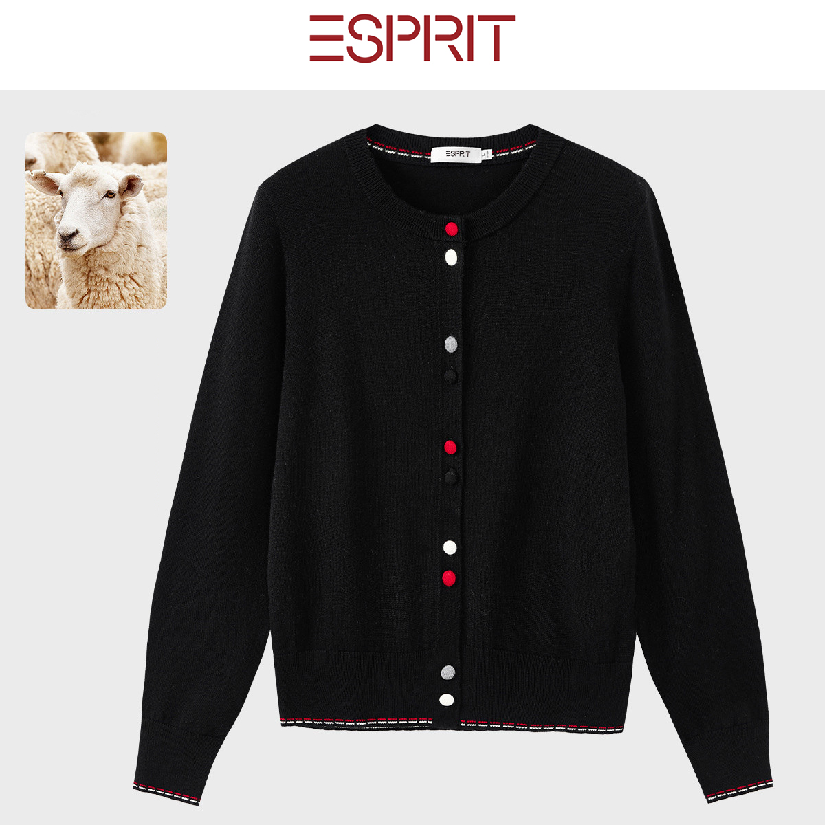 ESPRIT黑色圆领针织开衫