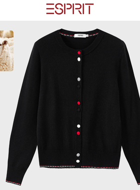 ESPRIT/埃斯普利特黑色圆领针织开衫女彩色纽扣修身显瘦通勤上衣