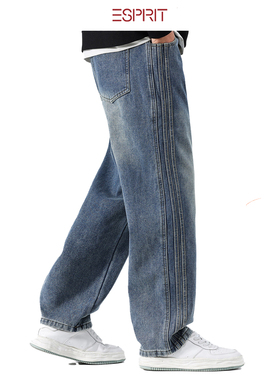 ESPRIT/埃斯普利特复古牛仔男宽松直筒阔腿长裤加绒加厚男弯刀裤