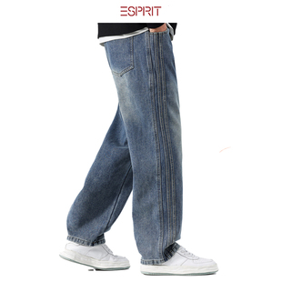 ESPRIT/埃斯普利特复古牛仔男宽松直筒阔腿长裤加绒加厚男弯刀裤