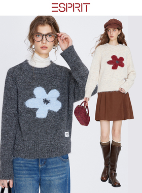 ESPRIT/埃斯普利特祖母风花朵圆领针织衫女慵懒宽松套头毛衣上衣