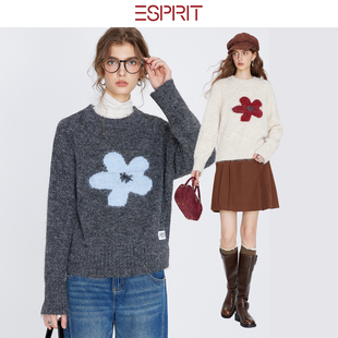 ESPRIT/埃斯普利特祖母风花朵圆领针织衫女慵懒宽松套头毛衣上衣