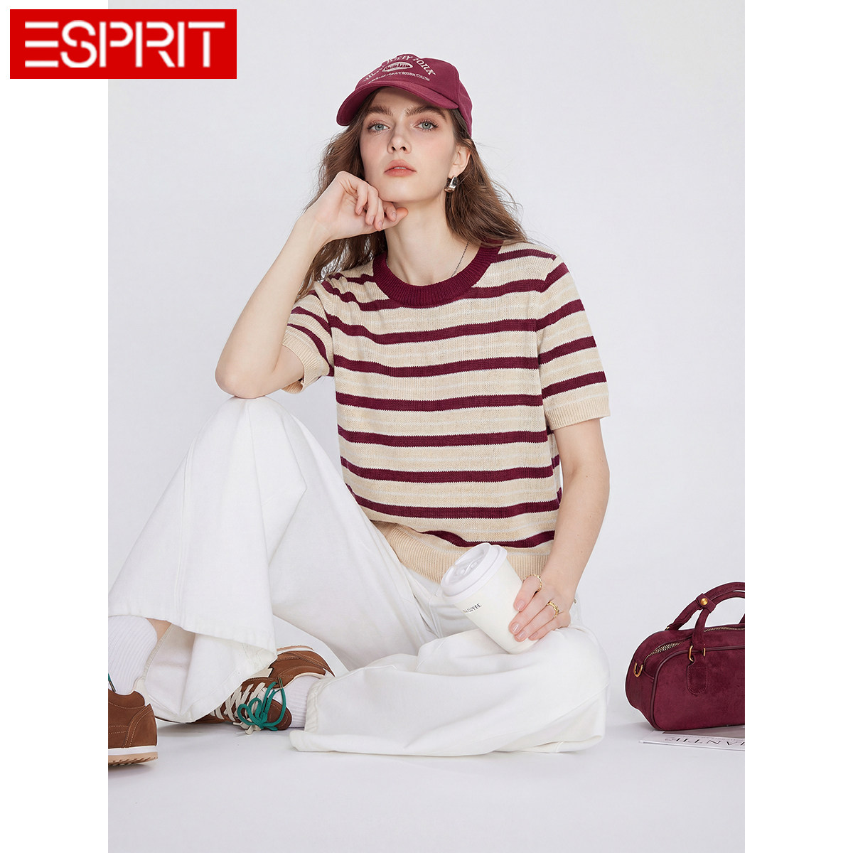 ESPRIT/埃斯普利特学院风条纹短袖T恤女复古针织衫透气上衣